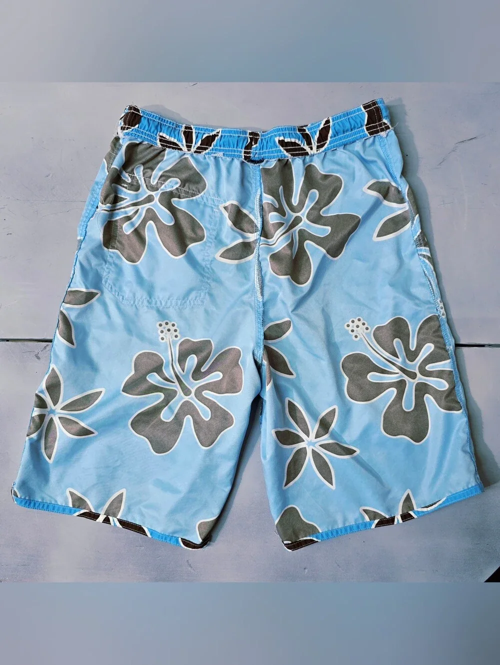 Vtg Y2K Hawaiian Hibiscus Board Shorts Swim Trunks Sky Blue Brown Youth Large